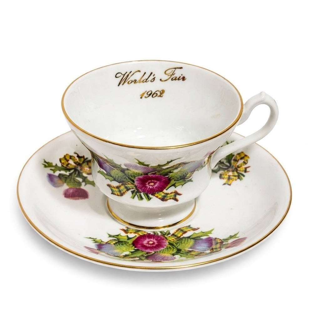 1962 World's Fair Teacup Saucer Windsor Bone China England Gold